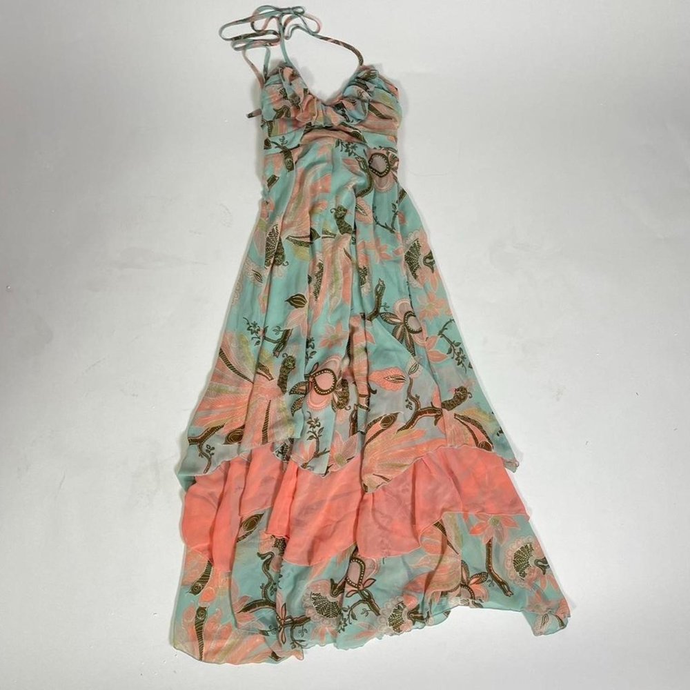 Beautiful vintage brown, light blue, and pink paisley layered flowy maxi dress